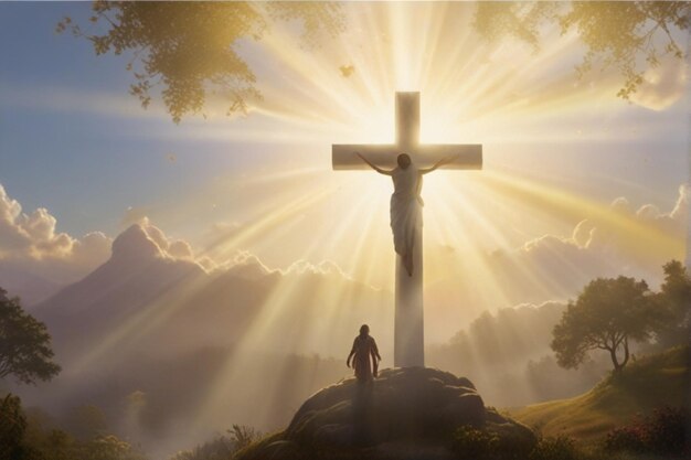 a man stands in front of a cross that has the sun shining through the clouds