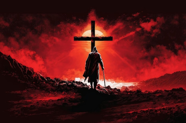 A man stands in front of a cross with the sun behind him.