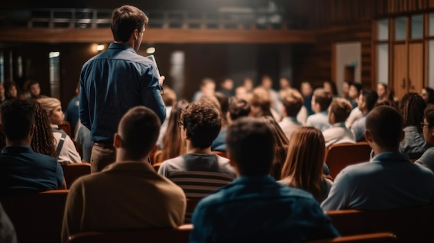 A man stands in front of a crowd of people giving a speech