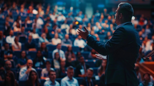 A man stands in front of a crowd of people giving a speech