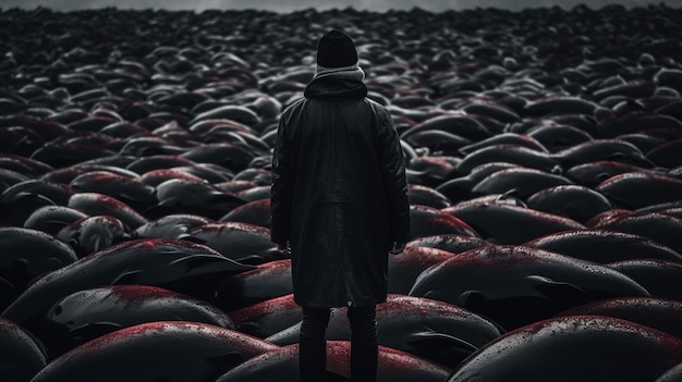 A man stands in front of a crowd of red ones.