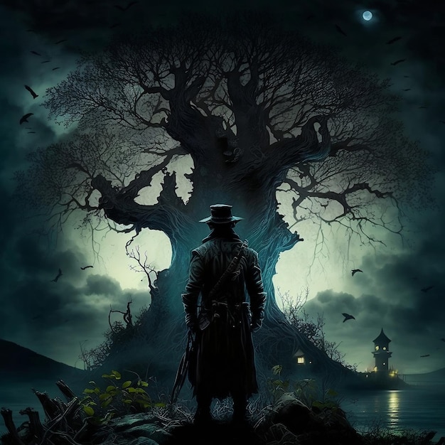 A man stands in front of a dark horror tree