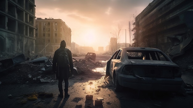 A man stands in front of a destroyed city with the sun setting behind him.