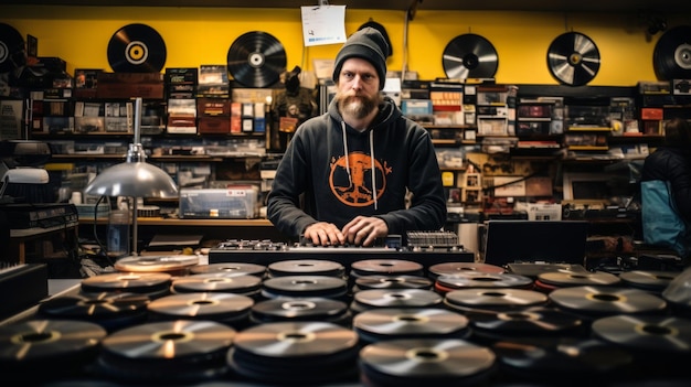 a man stands in front of a display of cds and cds