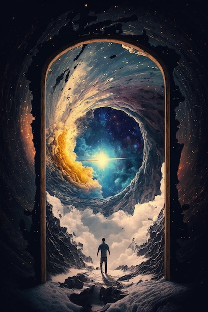 A man stands in front of a door that has a hole in it that says'the universe '