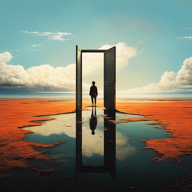 A man stands in front of a door that is opened to a sunset.