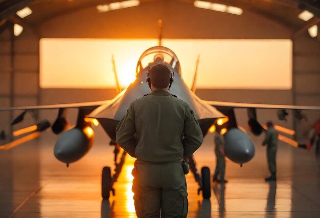 Photo a man stands in front of a fighter jet with the sun behind him