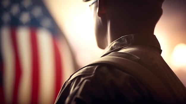 A man stands in front of a flag that says'u. s. army '