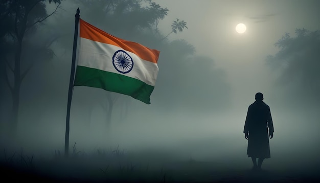 a man stands in front of a flag with the sun behind him