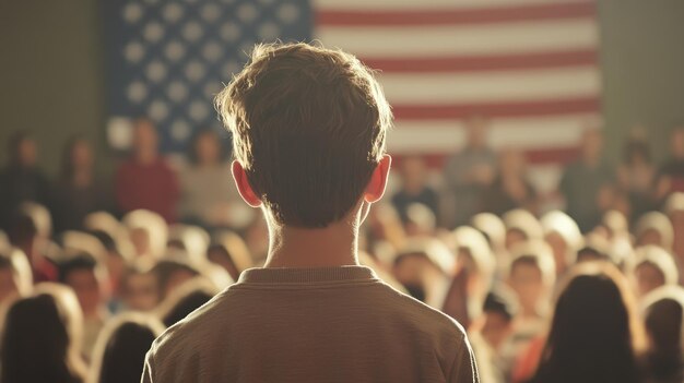 a man stands in front of a flag with the words  vote  on it