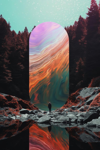 A man stands in front of a forest with a colorful sky and the words'the end of the world '