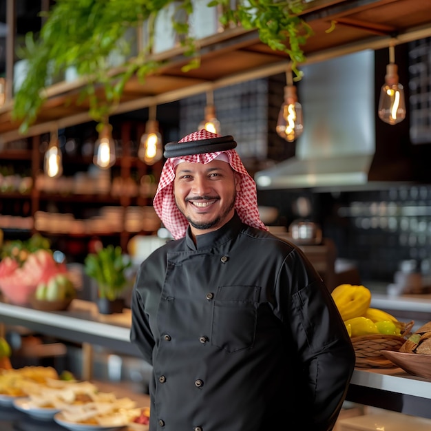 Photo a man stands in front of a fruit stand with a man in a black jacket