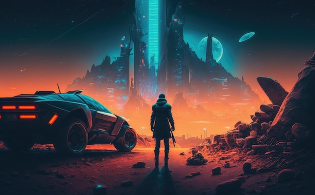 A man stands in front of a futuristic city with a futuristic car in the background.