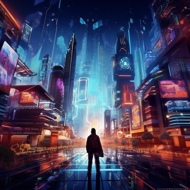 A man stands in front of a futuristic Metaverse world city