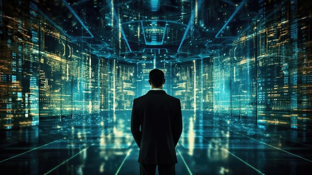 A man stands in front of a futuristic room with a blue background.