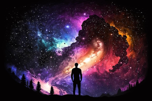 A man stands in front of a galaxy that has the word stars on it.