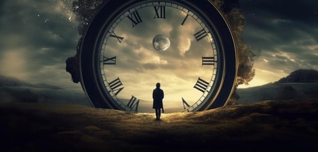 A man stands in front of a giant clock