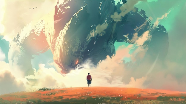 a man stands in front of a giant cloud that has a man standing in front of it