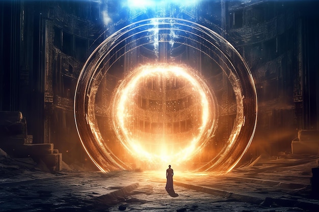 A man stands in front of a giant orb that says'the end of the tunnel '