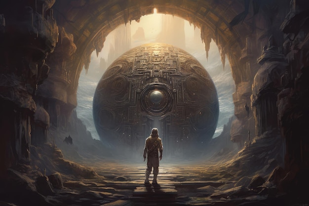 A man stands in front of a giant sphere.