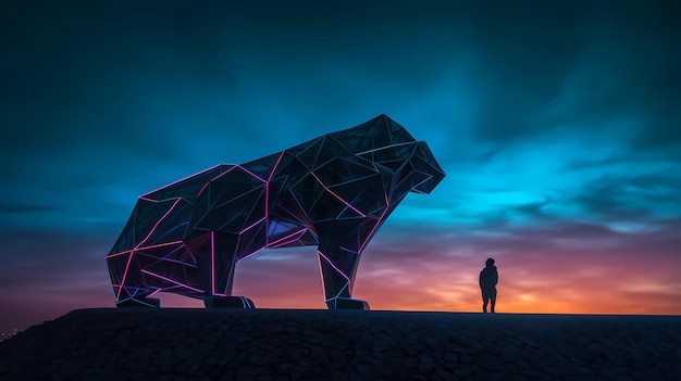 A man stands in front of a giant tiger statue.