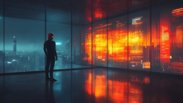 Photo a man stands in front of a glass wall with the light on it