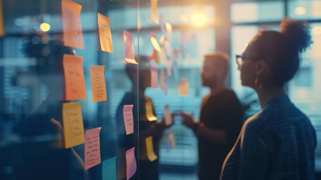 a man stands in front of a glass with post it notes on it