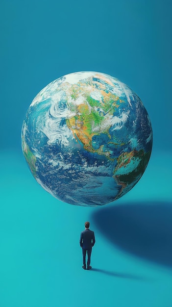 Photo a man stands in front of a globe that has the earth on it