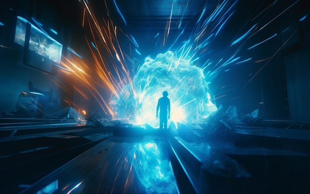 A man stands in front of a glowing explosion that says'the dark side '