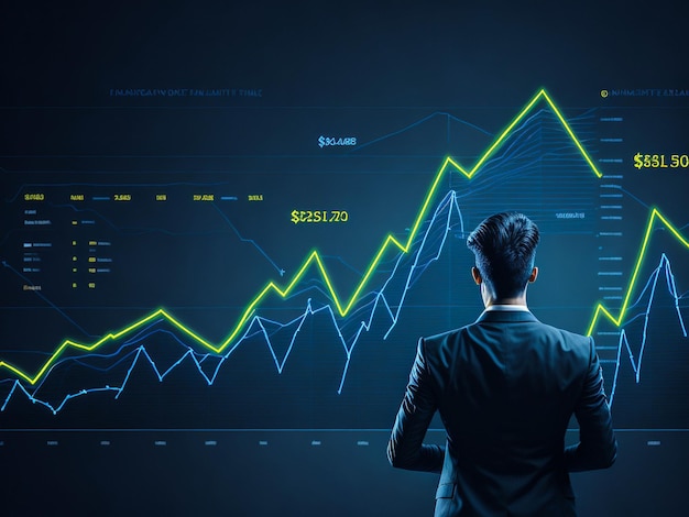 A man stands in front of a graph that says $ 1. 00.