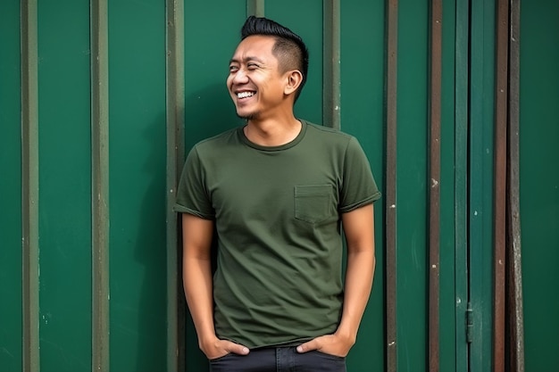 A man stands in front of a green wall and smiles.