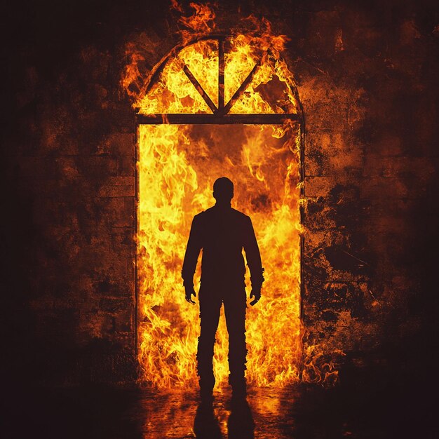 A man stands in front of a hell fire gates