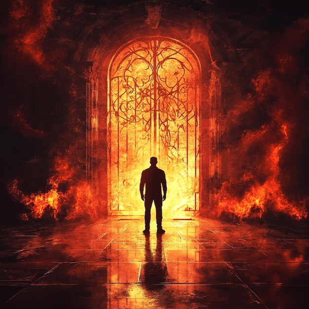 A man stands in front of a hell fire gates