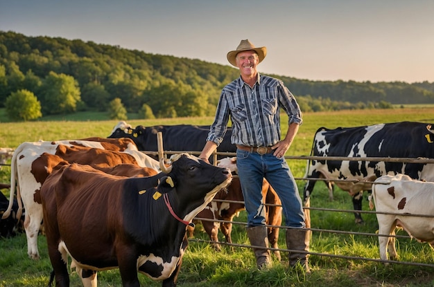 a man stands in front of a herd of cows