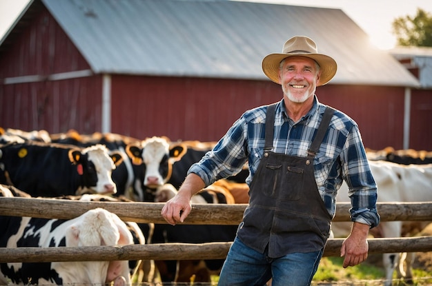 a man stands in front of a herd of cows