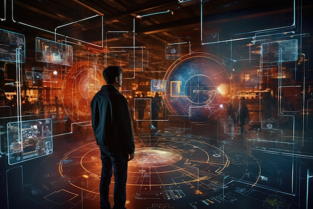 A man stands in front of a hightech display featuring futuristic graphics and information Futuristic visualization of augmented reality AI Generated