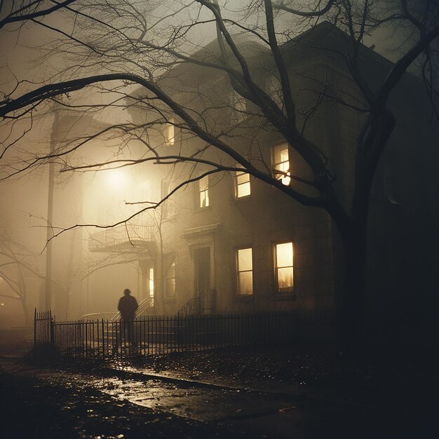 Photo a man stands in front of a house that has the word quot the name of the house quot on it