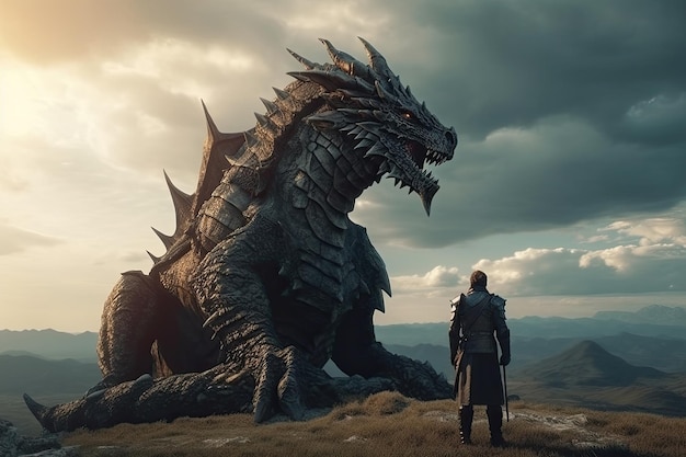 Man stands in front of huge dragon fantasy world Generative AI