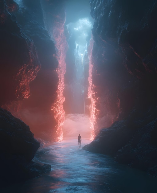 Photo a man stands in front of an ice cave with a man standing in front of it