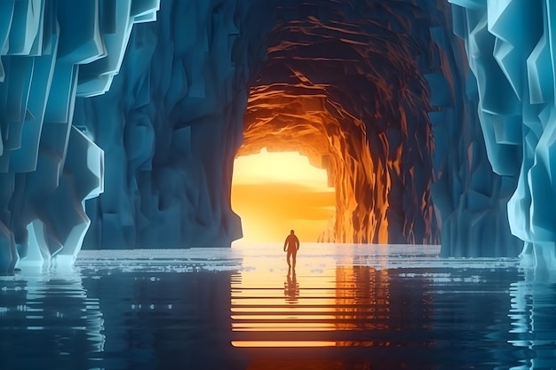 A man stands in front of an ice cave with a sunset behind him.