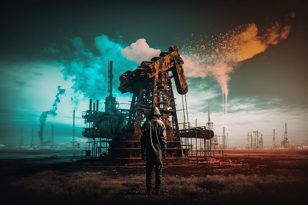 A man stands in front of an industrial building with smoke coming out of it.