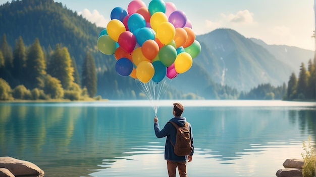 a man stands in front of a lake with balloons in the water