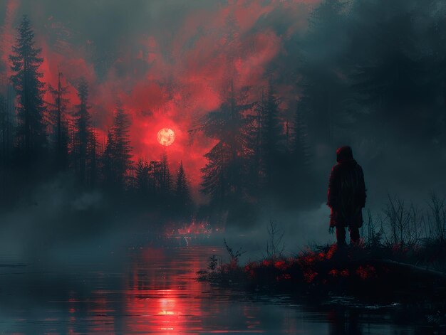 a man stands in front of a lake with a red sun in the background