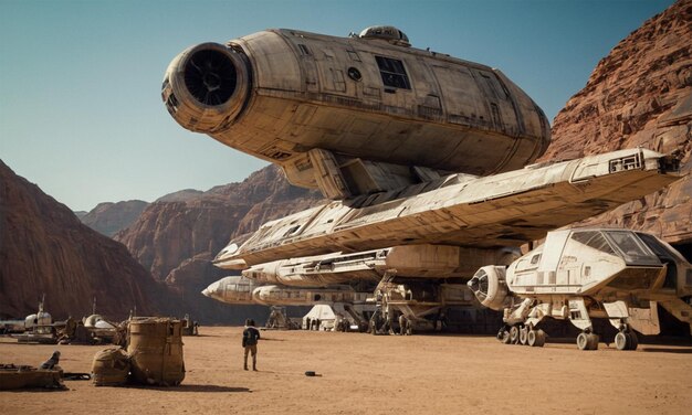 a man stands in front of a large airplane with a mountain in the background