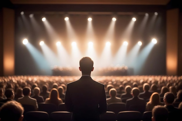 A man stands in front of a large audience in a dark auditorium bathed in bright spotlights