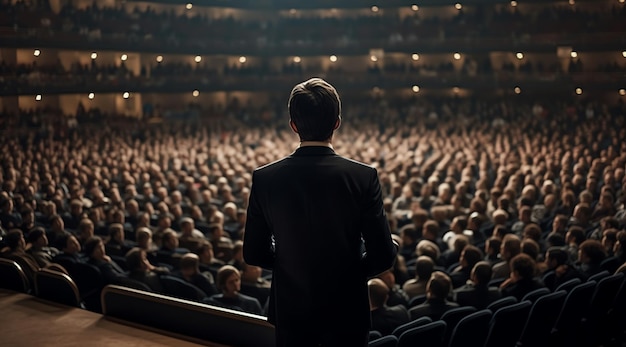 A man stands in front of a large auditorium with a large audience in the background