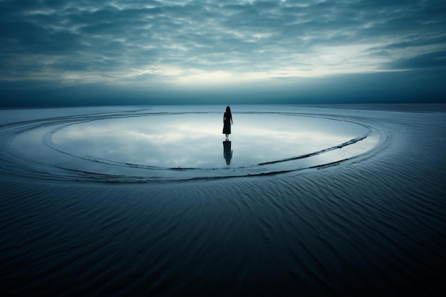 A man stands in front of a large body of water.