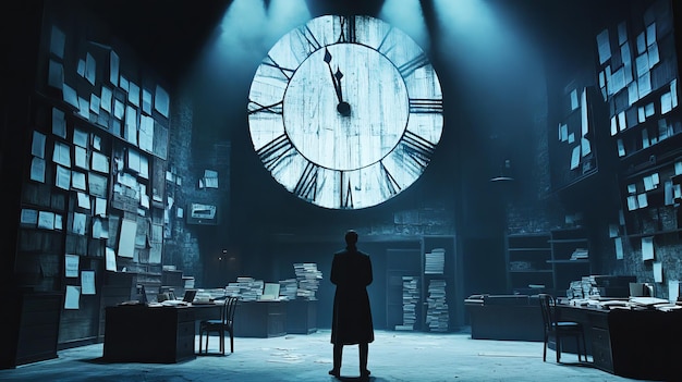 A man stands in front of a large clock that reads quot the time of 11 30 quot