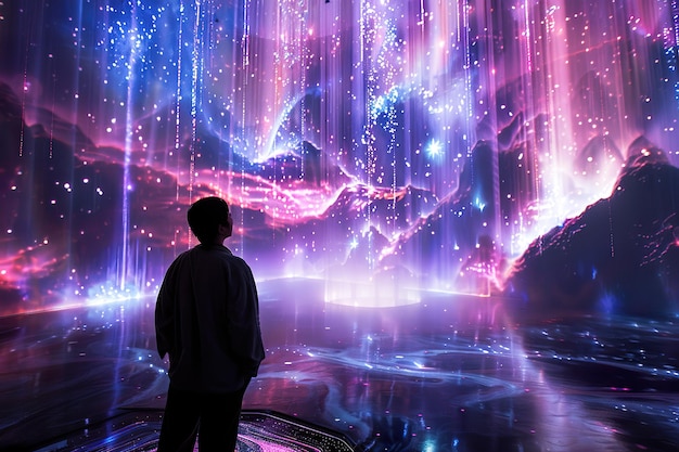 A man stands in front of a large colorful projection of a starry sky generative ai image