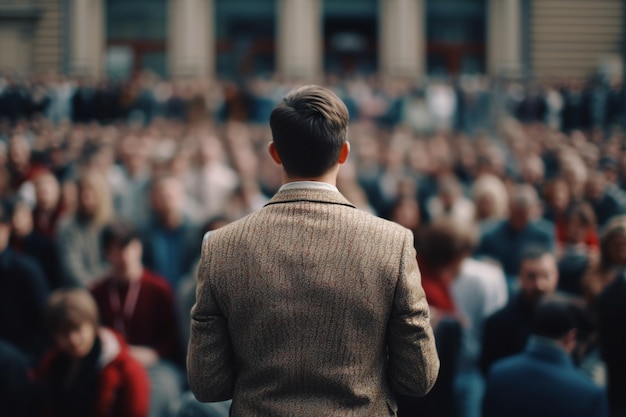 A man stands in front of a large crowd, the man is speaking to a large crowd.